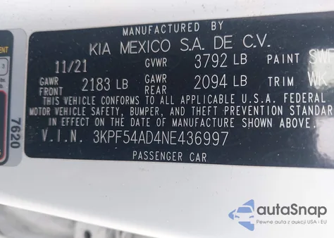 2022 Kia Forte Gt-Line z USA, uszkodzony, nr VIN 3KPF54AD4NE436997